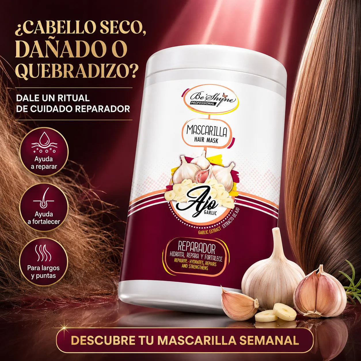 Be´Shyne® – Mascarilla para Cabello Dañado con Ajo y Queratina 1000 ml