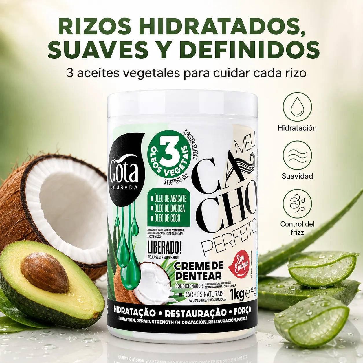 Gota Dourada – Crema para Peinar Cabello Rizado Fino Meu Cacho Perfeito 1kg