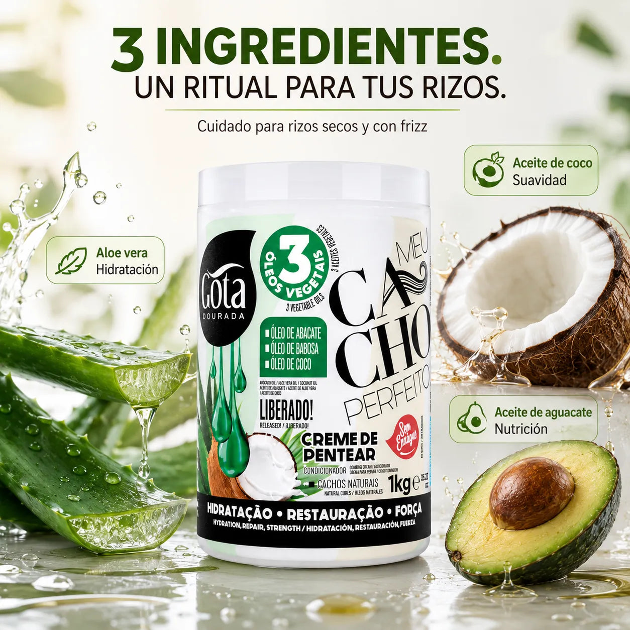 Gota Dourada – Crema para Peinar Cabello Rizado Fino Meu Cacho Perfeito 1kg