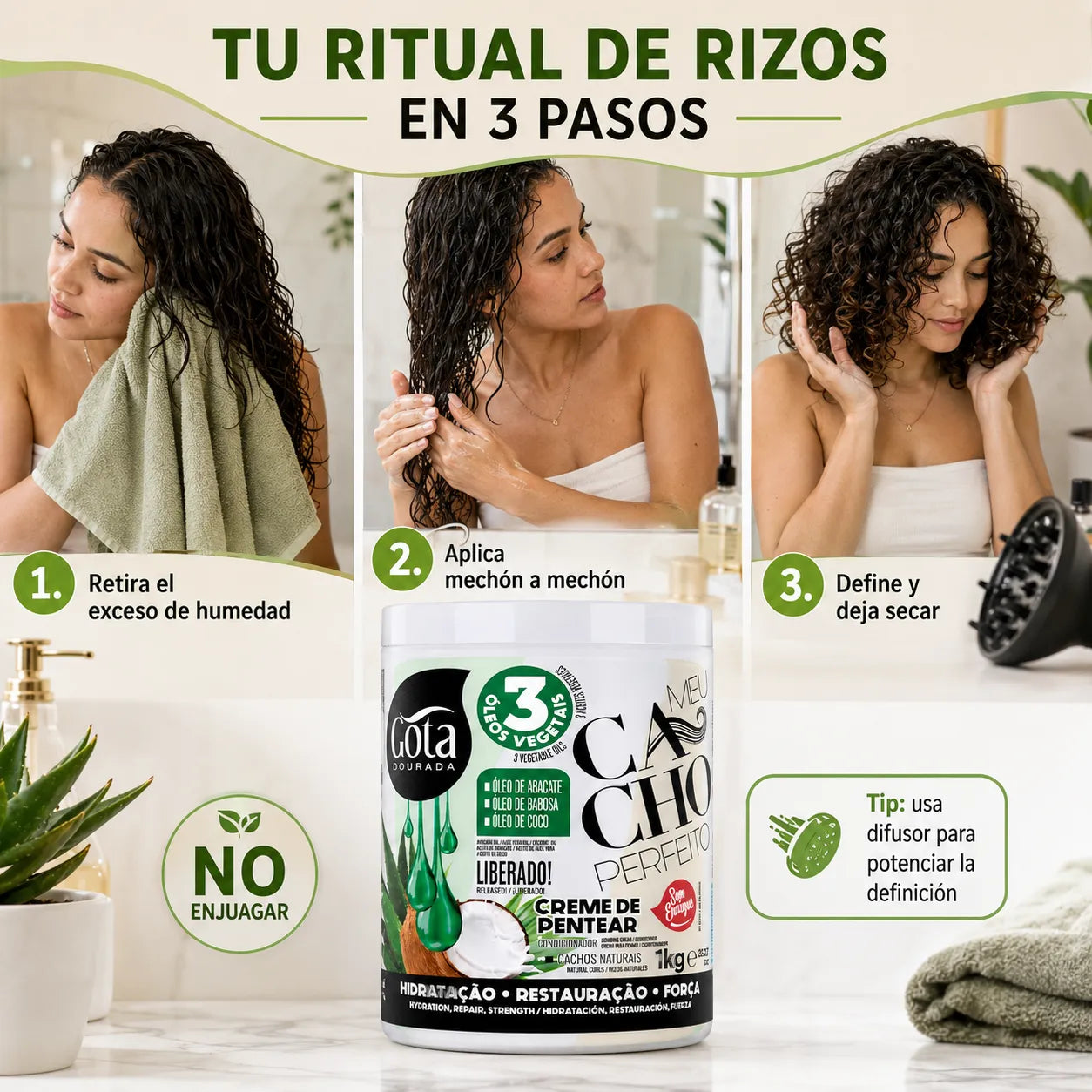 Gota Dourada – Crema para Peinar Cabello Rizado Fino Meu Cacho Perfeito 1kg