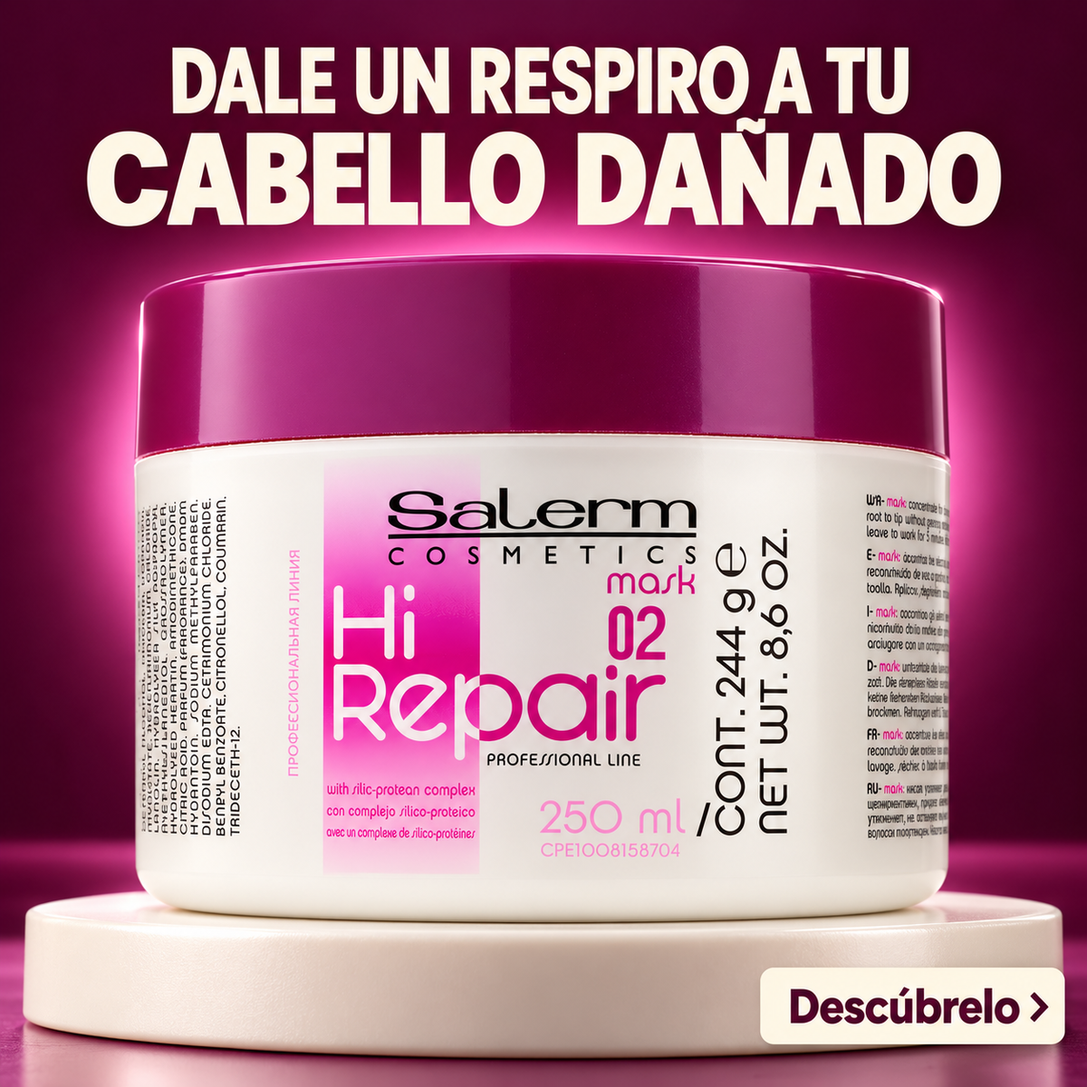 Salerm – Mascarilla reparadora para cabello dañado Hi Repair Mask 02 · 250 ml