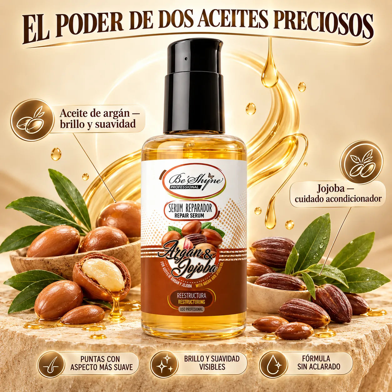 Be'Shyne – Sérum reparador de puntas abiertas con argán y jojoba 100 ml