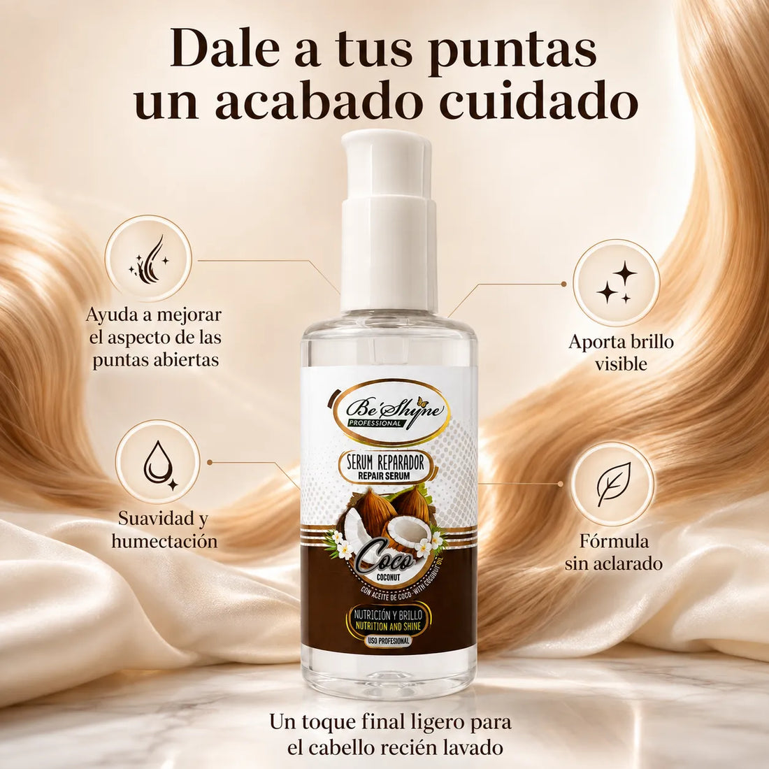 Be'Shyne – Sérum reparador de puntas con aceite de coco 100 ml