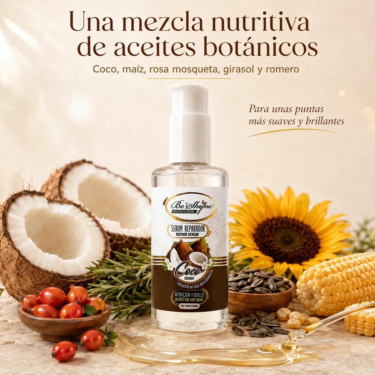Be'Shyne – Sérum reparador de puntas con aceite de coco 100 ml