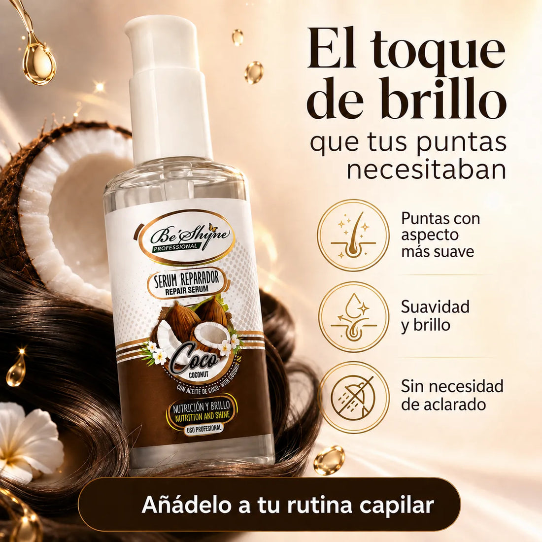 Be'Shyne – Sérum reparador de puntas con aceite de coco 100 ml
