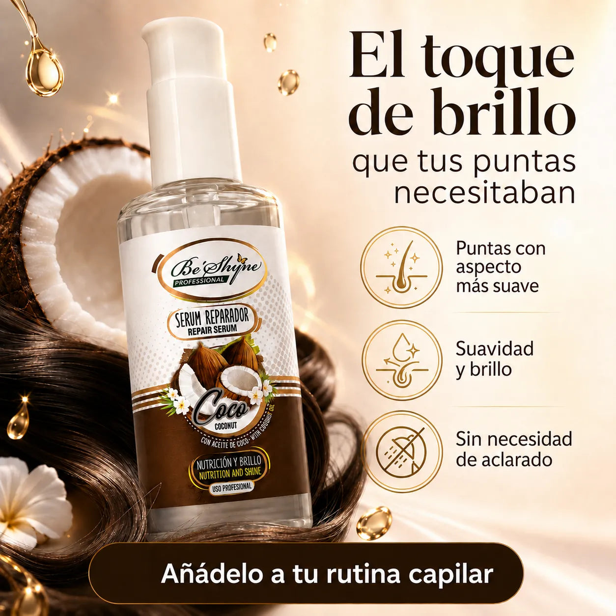 Be'Shyne – Sérum reparador de puntas con aceite de coco 100 ml