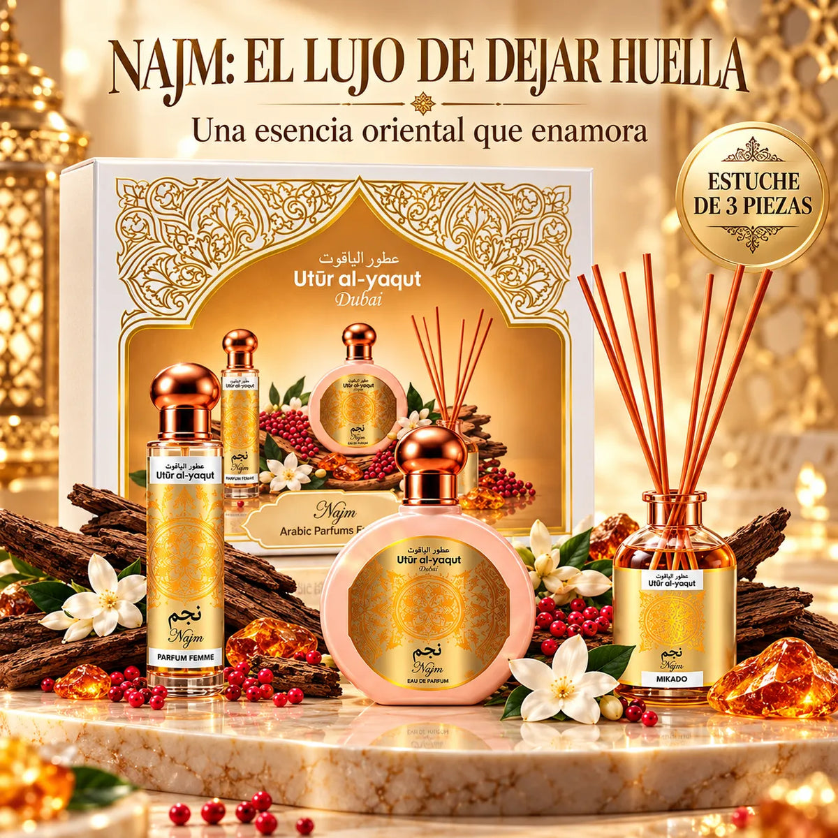 Utur Al-Yaqut – Estuche de Perfume Femenino Najm con Mikado 3 Piezas