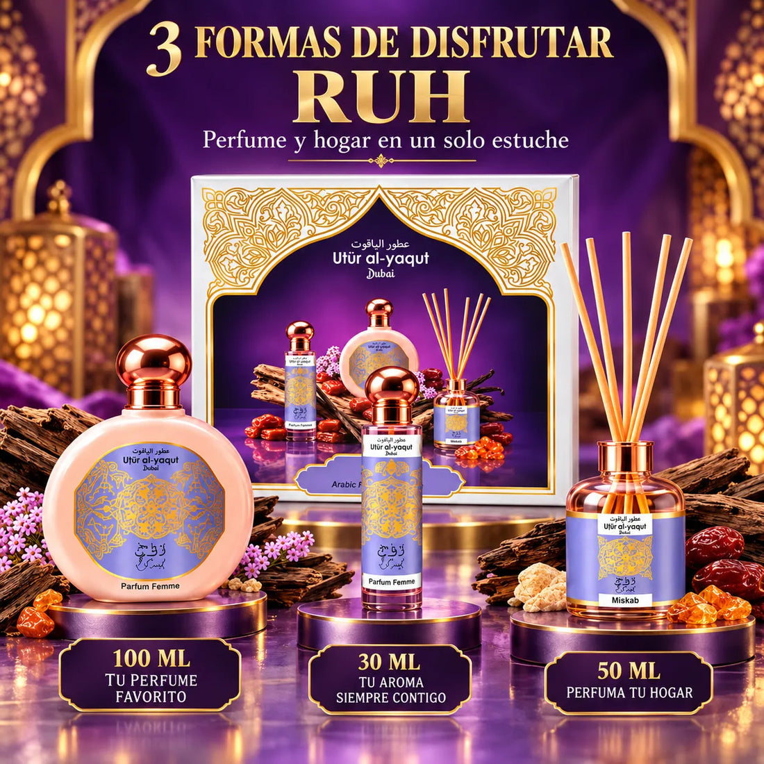 Utur Al-Yaqut – Estuche de Perfume para Mujer Ruh con Mikado 3 Piezas