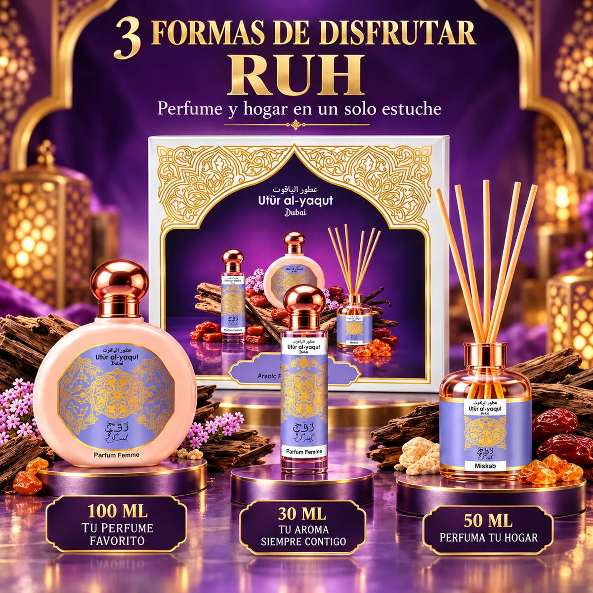 Utur Al-Yaqut – Estuche de Perfume para Mujer Ruh con Mikado 3 Piezas