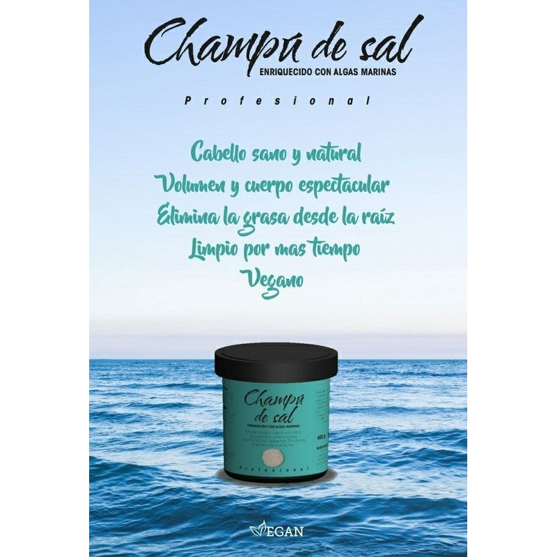 CHAMPÚ DE SAL formulado a base de sal marina que proporciona brillo, cuerpo y volumen a los cabellos finos. Tamaño de 400g.