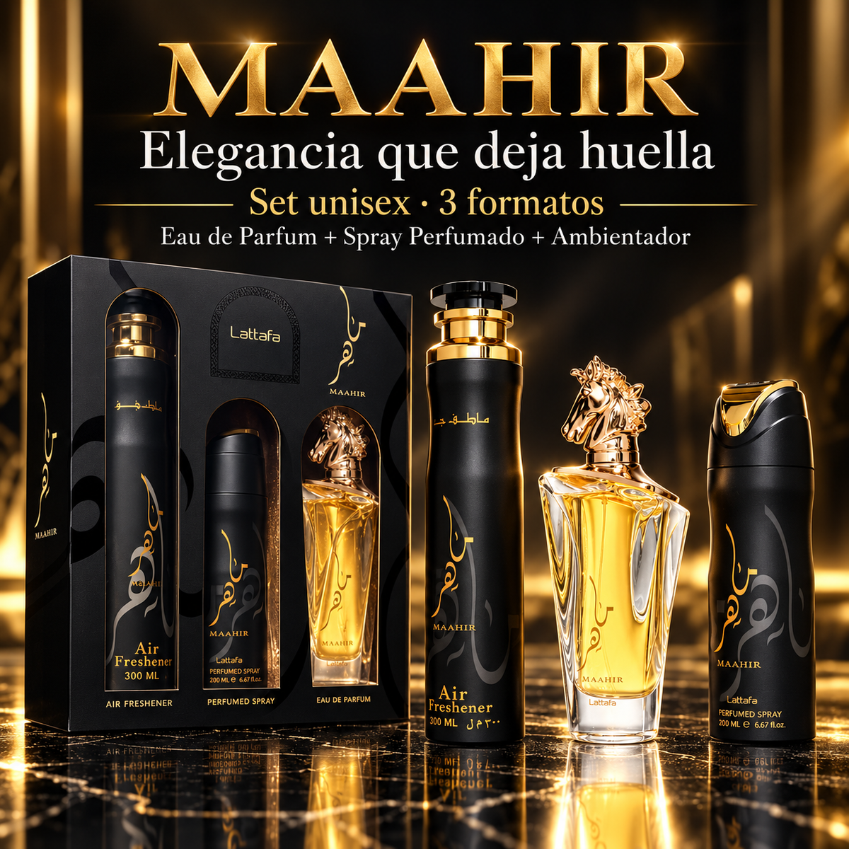 Lattafa – Set de Perfume Unisex Maahir Floral Ámbar 100 ml + 200 ml + 300 ml