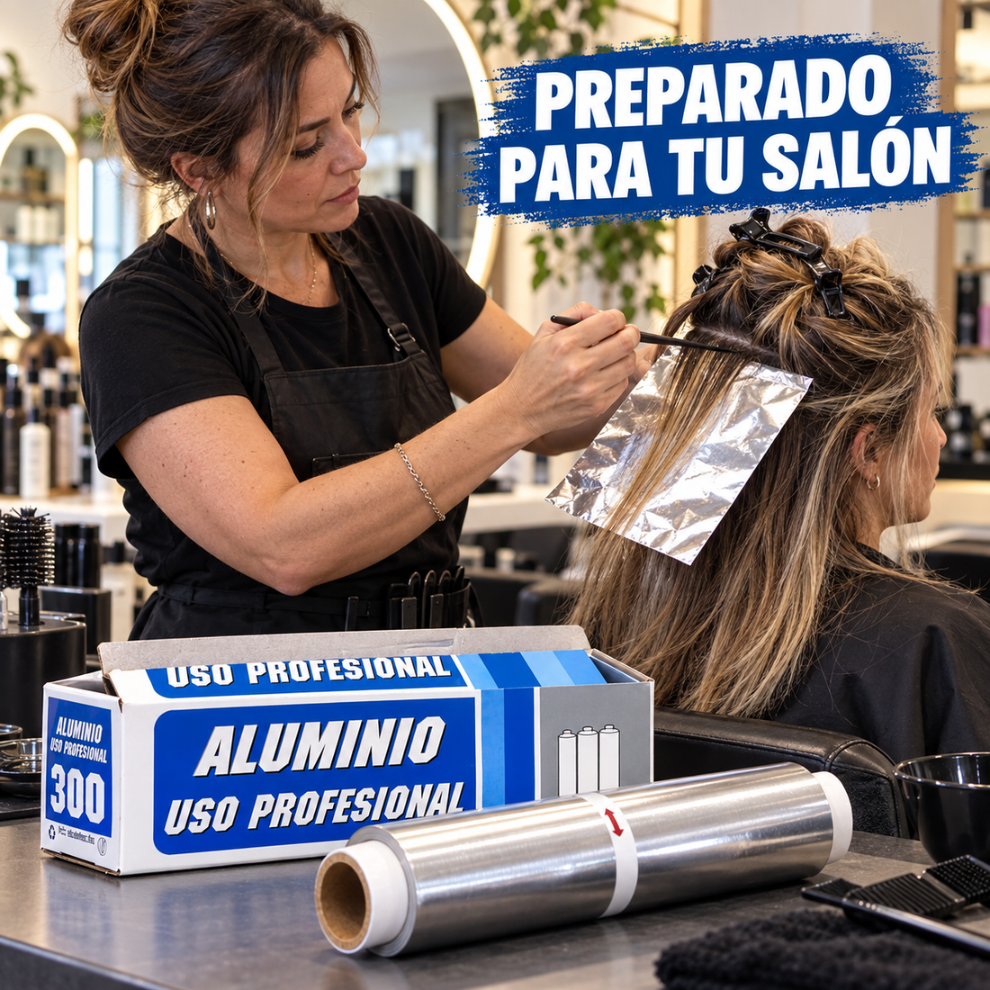 Peluquera usando papel de aluminio profesional para mechas