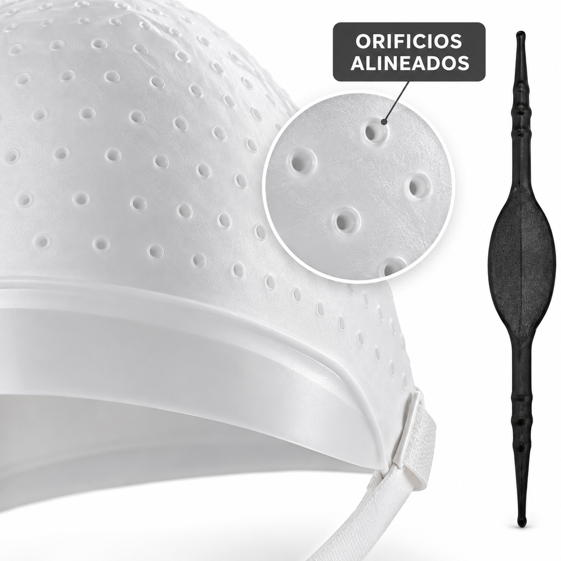 Detalle de los orificios del gorro de silicona Dompel con aguja