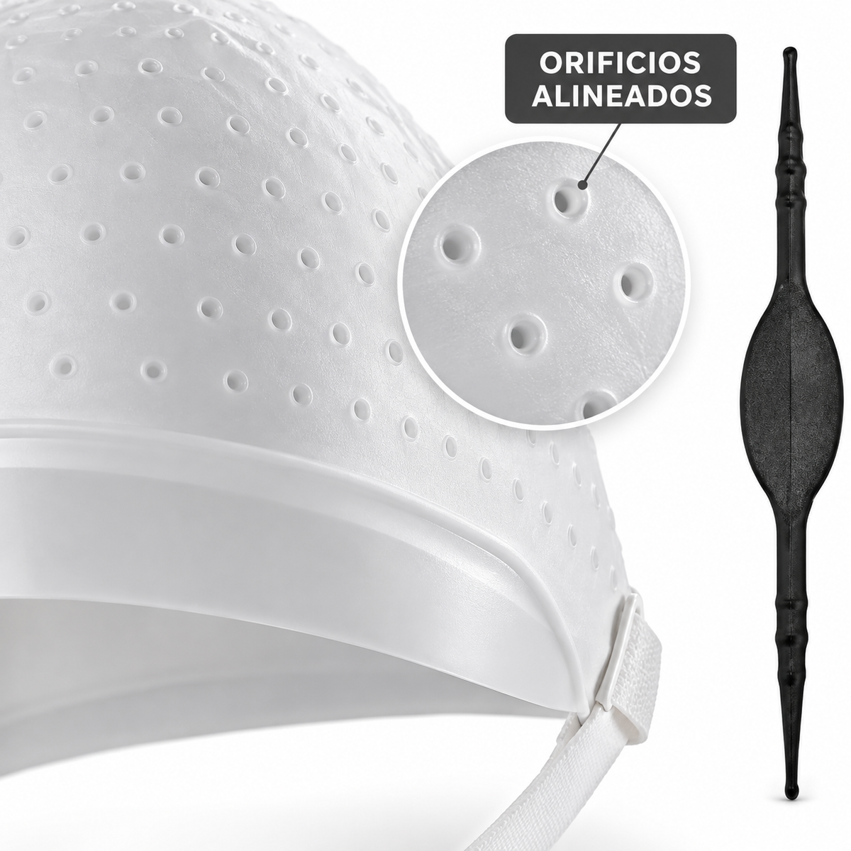Detalle de los orificios del gorro de silicona Dompel con aguja