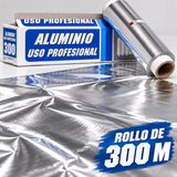 Detalle de la lámina de papel de aluminio con el rollo profesional de 300 m