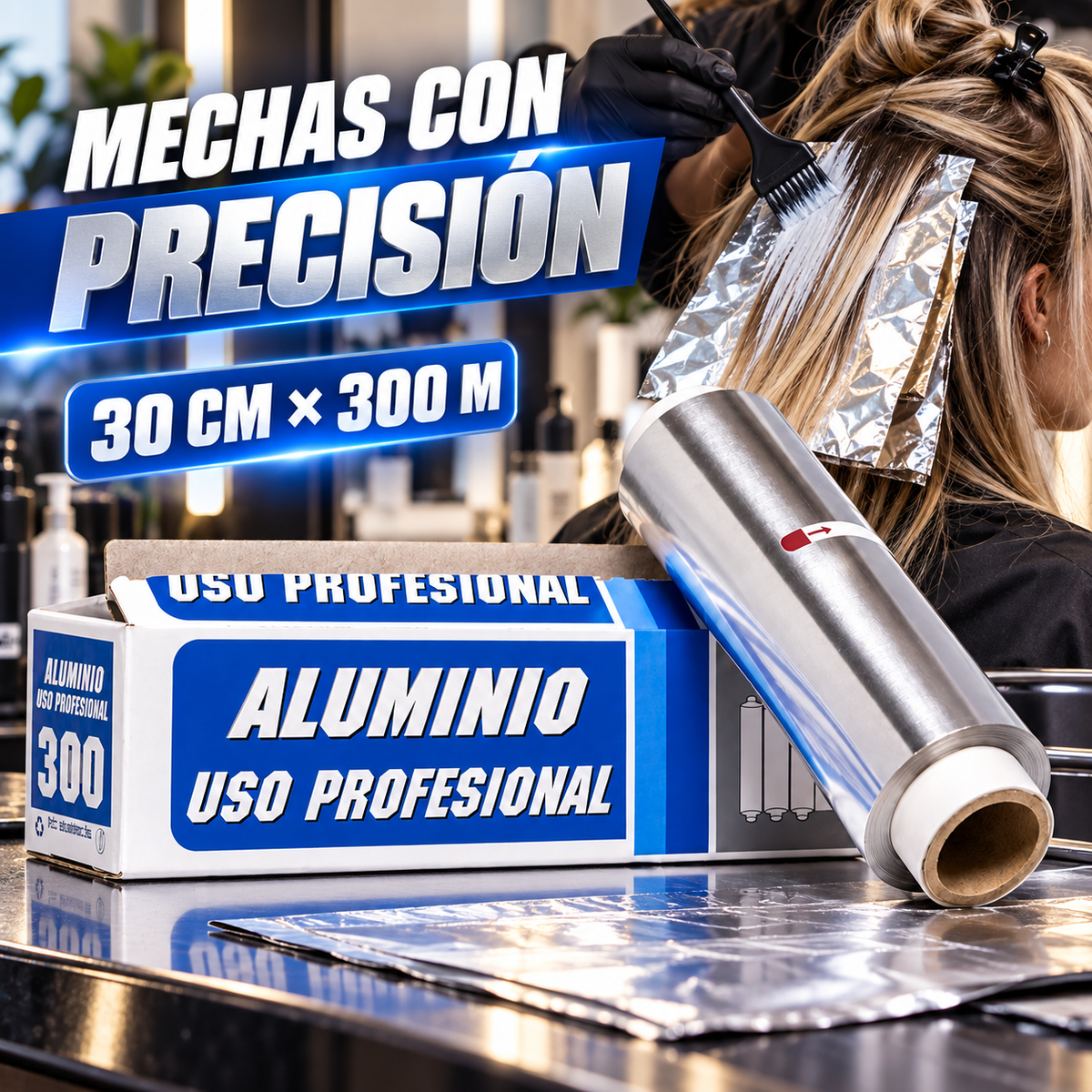Anuncio de papel de aluminio para trabajos de mechas en peluquería