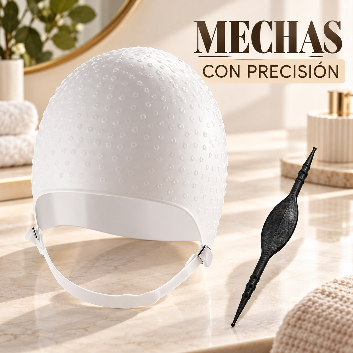 Gorro de silicona Dompel y aguja para mechas en escena de estudio