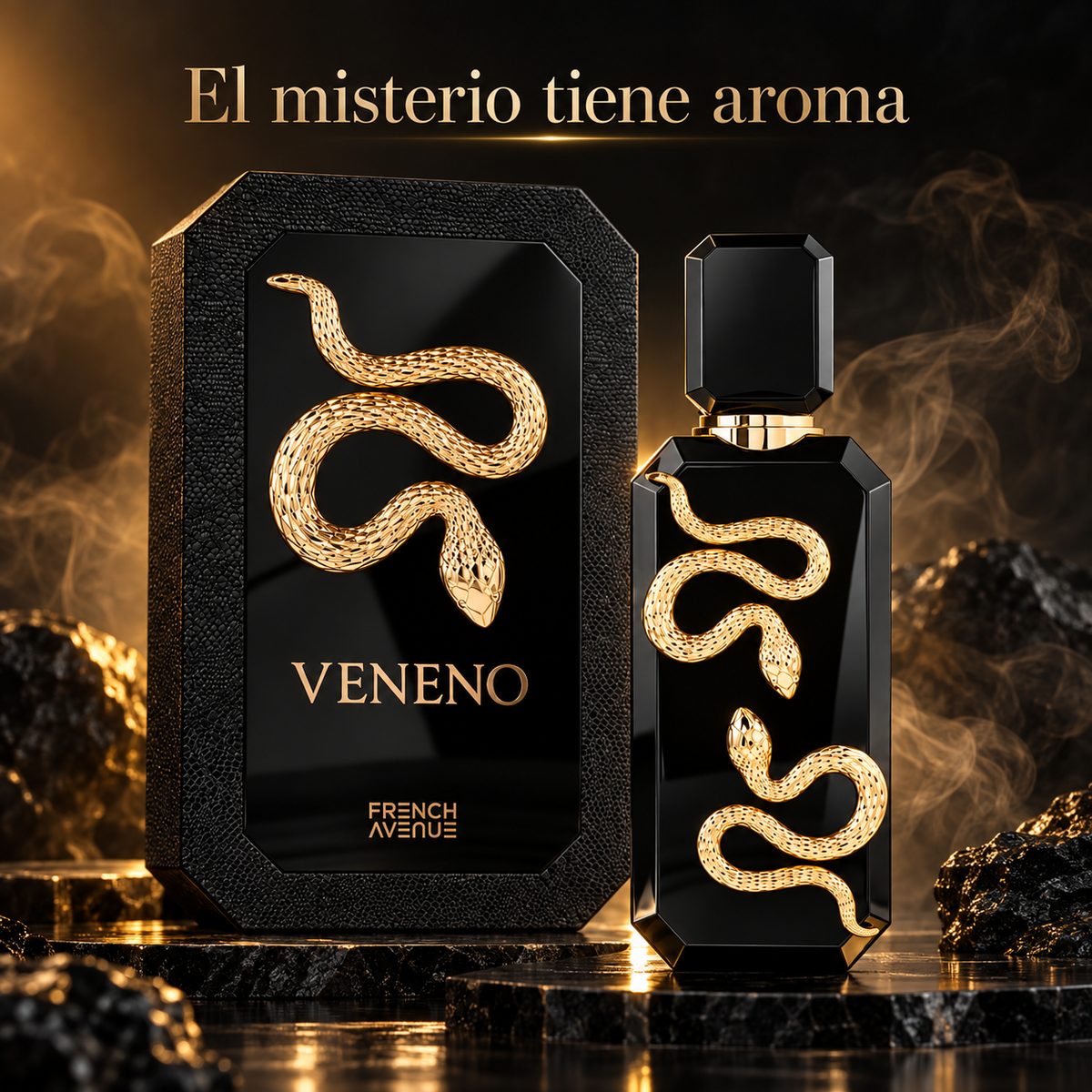 French Avenue Veneno con caja y frasco negro en escena oscura con texto El misterio tiene aroma