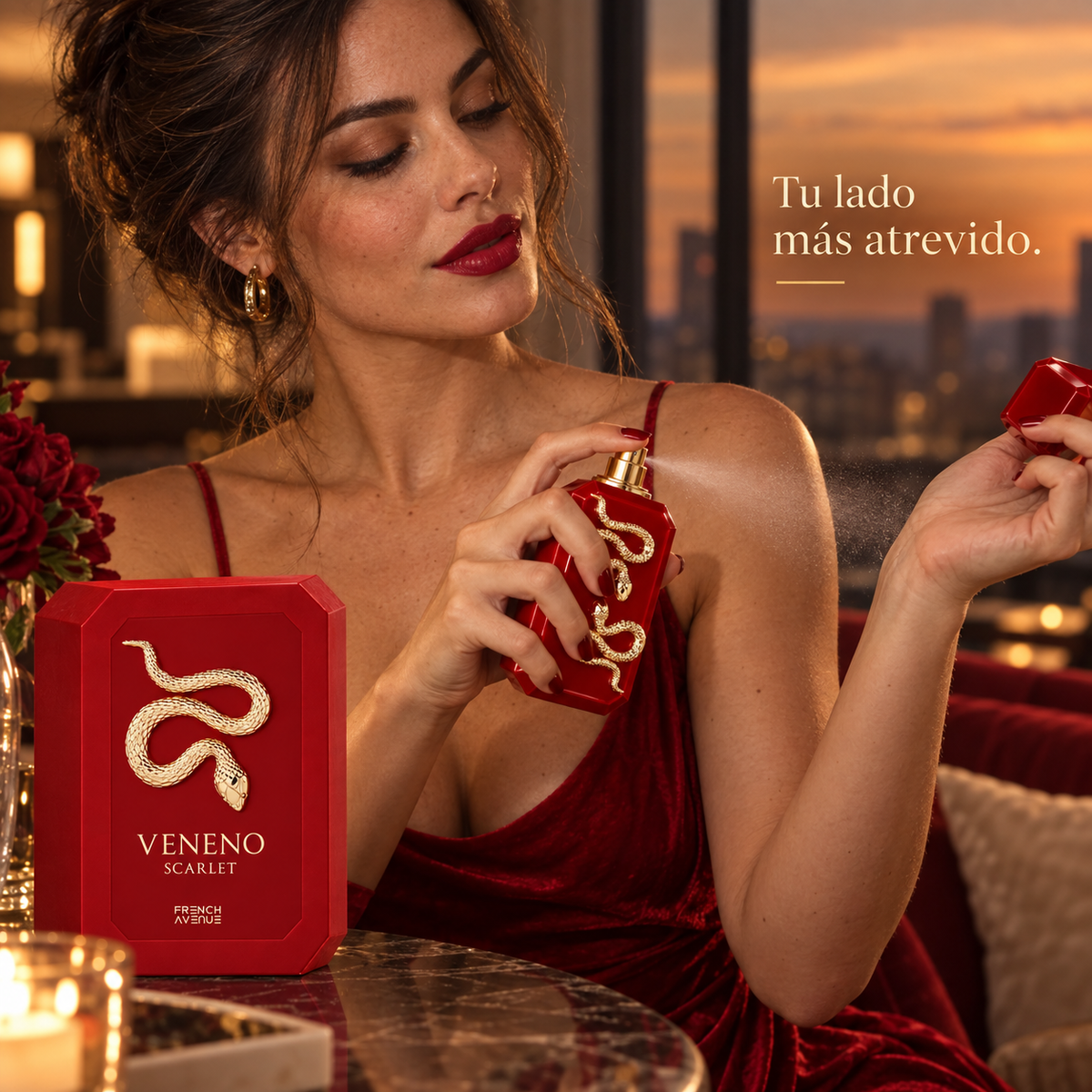 Persona aplicándose el perfume Veneno Scarlet de French Avenue