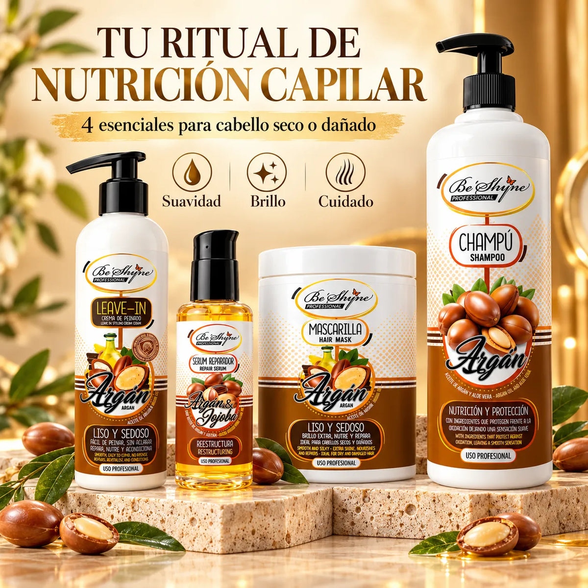 Be'Shyne – Pack para Cabello Seco con Argán, Nutrición y Suavidad – 4 Productos