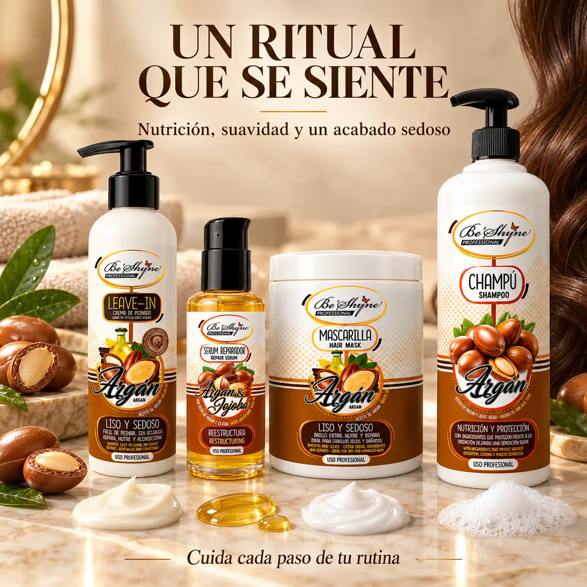 Be'Shyne – Pack para Cabello Seco con Argán, Nutrición y Suavidad – 4 Productos