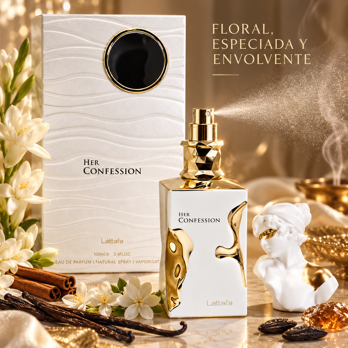 Pulverización de Lattafa Her Confession con notas florales y especiadas