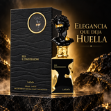 Lattafa His Confession perfume para hombre en escena premium negra y dorada