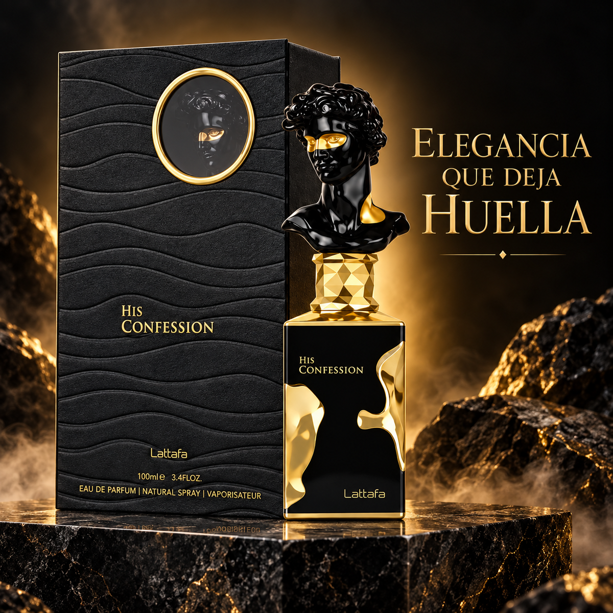 Lattafa His Confession perfume para hombre en escena premium negra y dorada