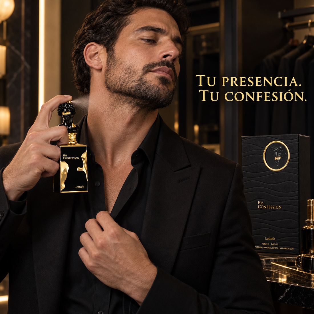 Hombre aplicándose Lattafa His Confession Eau de Parfum