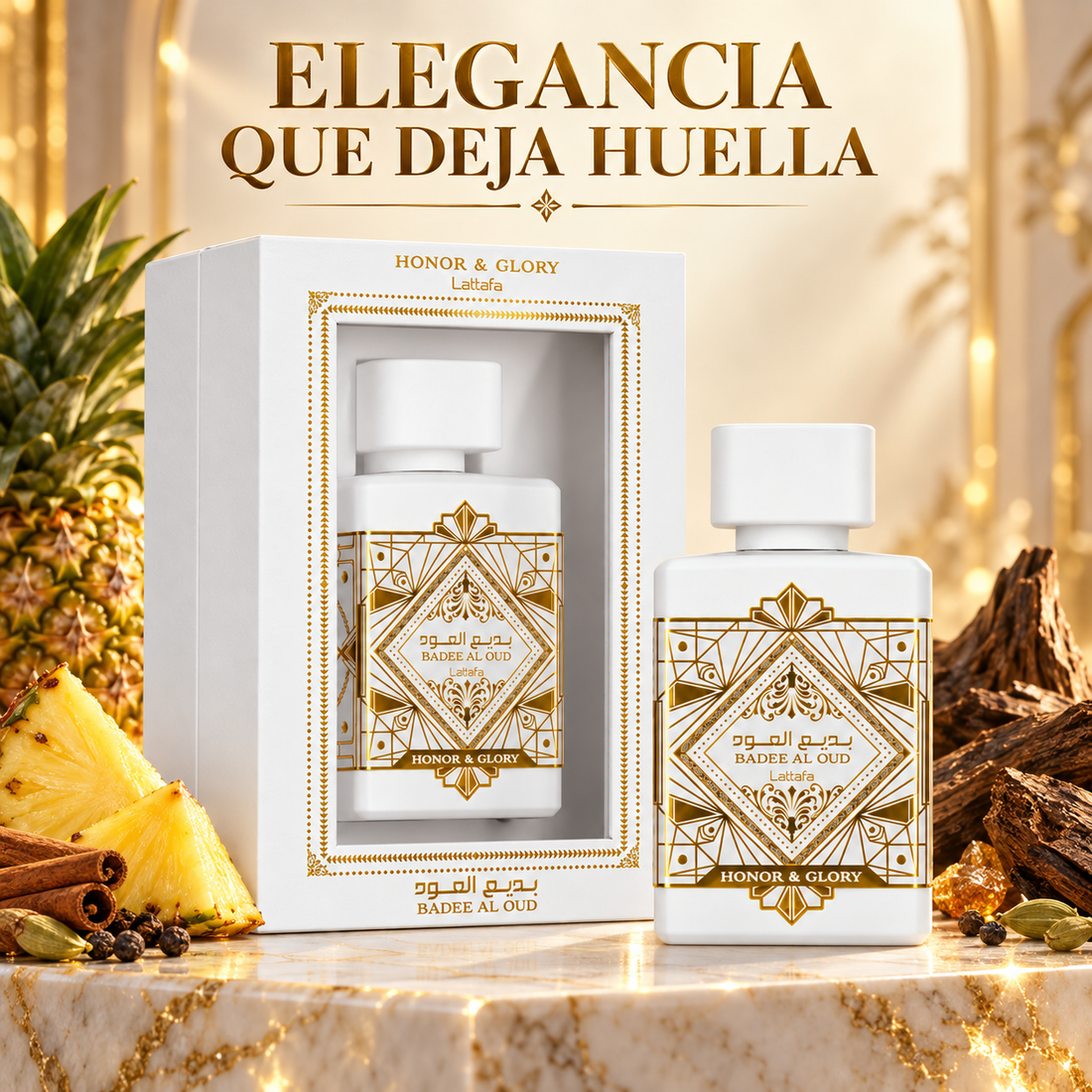 Perfume Lattafa Honor & Glory 100 ml en escena premium dorada