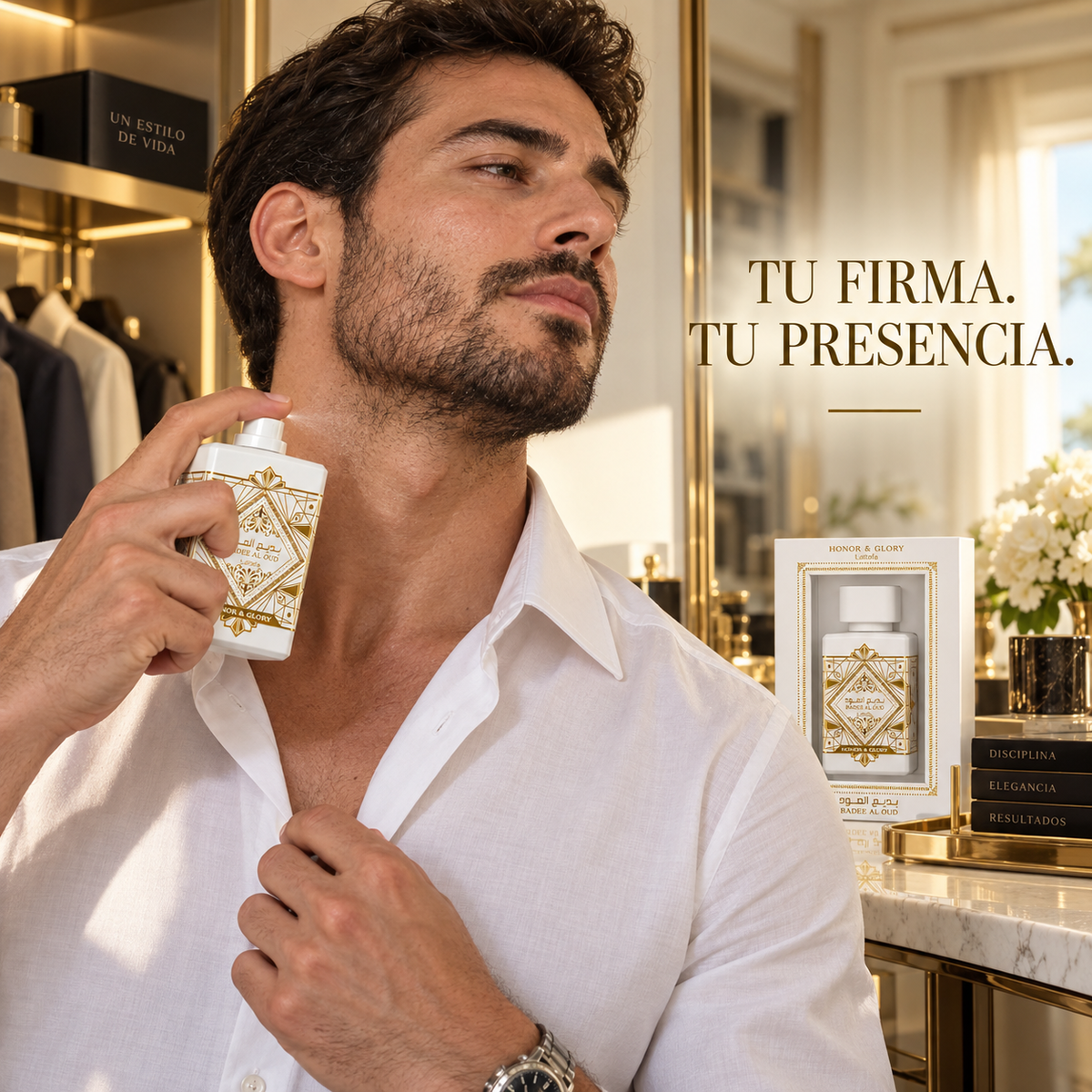 Hombre aplicando Lattafa Honor & Glory Eau de Parfum