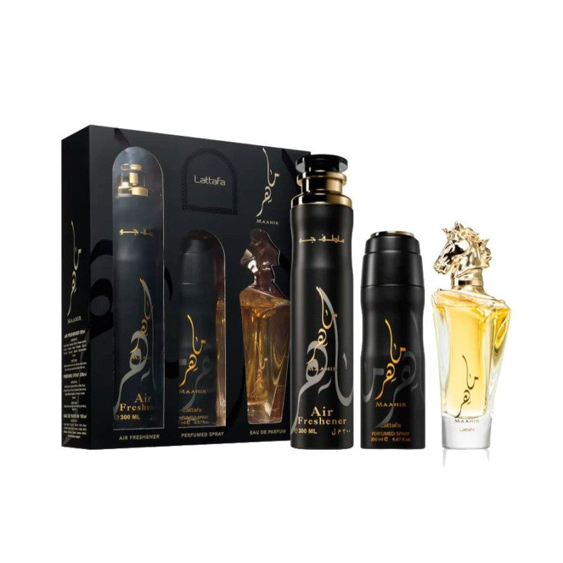 Lattafa – Set de Perfume Unisex Maahir Floral Ámbar 100 ml + 200 ml + 300 ml
