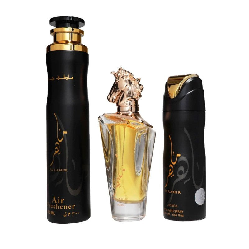 Lattafa – Set de Perfume Unisex Maahir Floral Ámbar 100 ml + 200 ml + 300 ml