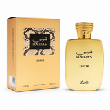 Rasasi Hawas Elixir Eau de Parfum 100 ml, frasco y estuche dorados sobre fondo blanco.