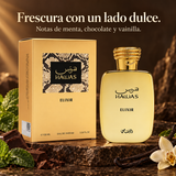 Hawas Elixir de Rasasi con frasco dorado y estuche en escena de notas frescas y dulces.