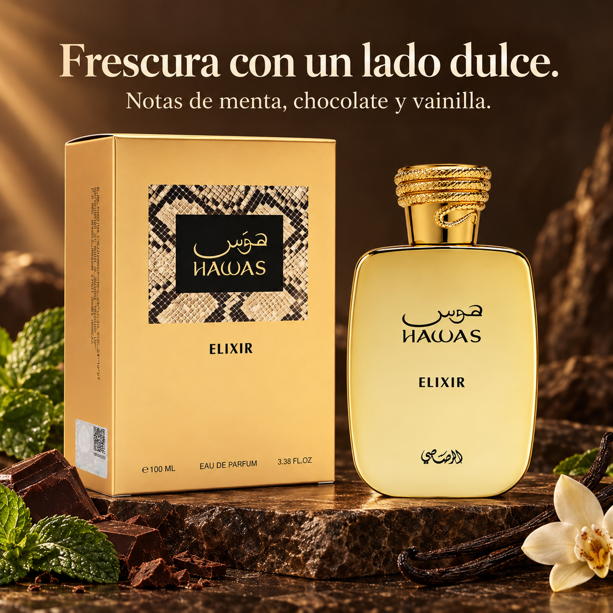 Hawas Elixir de Rasasi con frasco dorado y estuche en escena de notas frescas y dulces.
