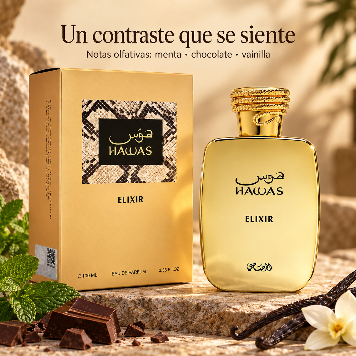 Rasasi Hawas Elixir junto a elementos que evocan sus notas de menta, chocolate y vainilla.
