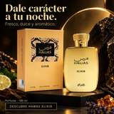 Anuncio de Rasasi Hawas Elixir 100 ml con frasco y estuche dorados sobre fondo oscuro.