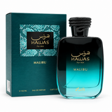 Rasasi Hawas Malibu Eau de Parfum 100 ml, frasco y caja sobre fondo blanco