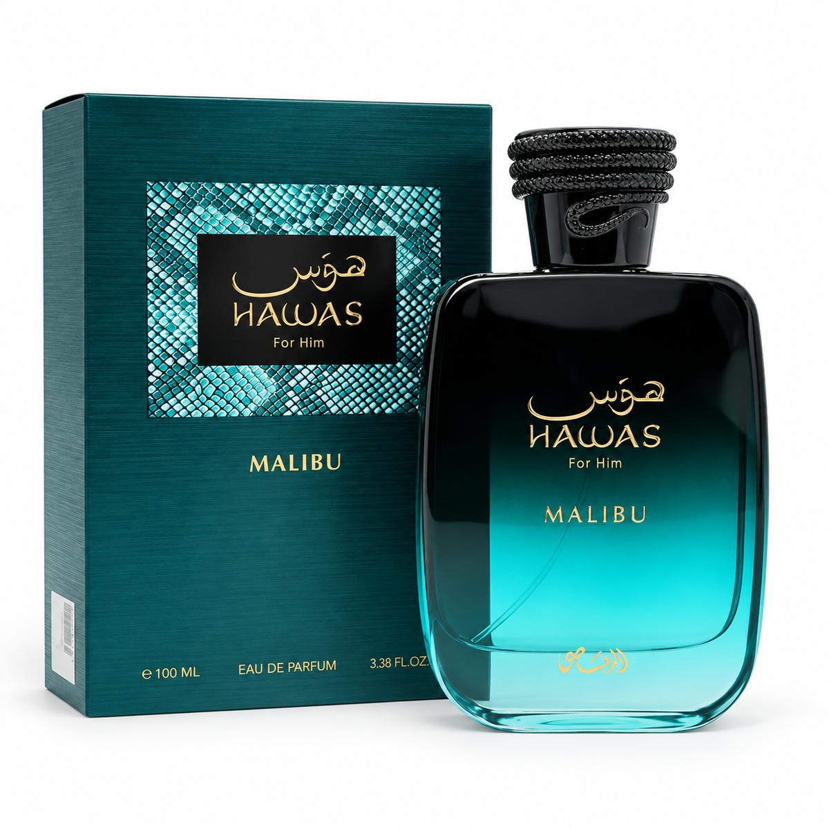 Rasasi Hawas Malibu Eau de Parfum 100 ml, frasco y caja sobre fondo blanco