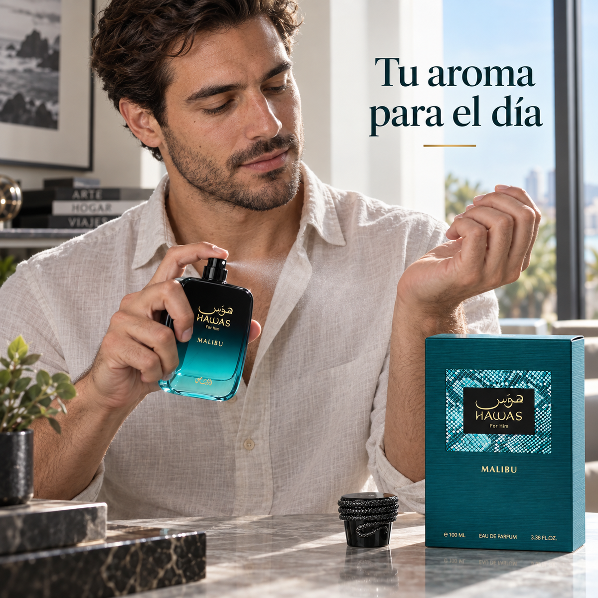 Hombre aplicando Rasasi Hawas Malibu sobre la muñeca