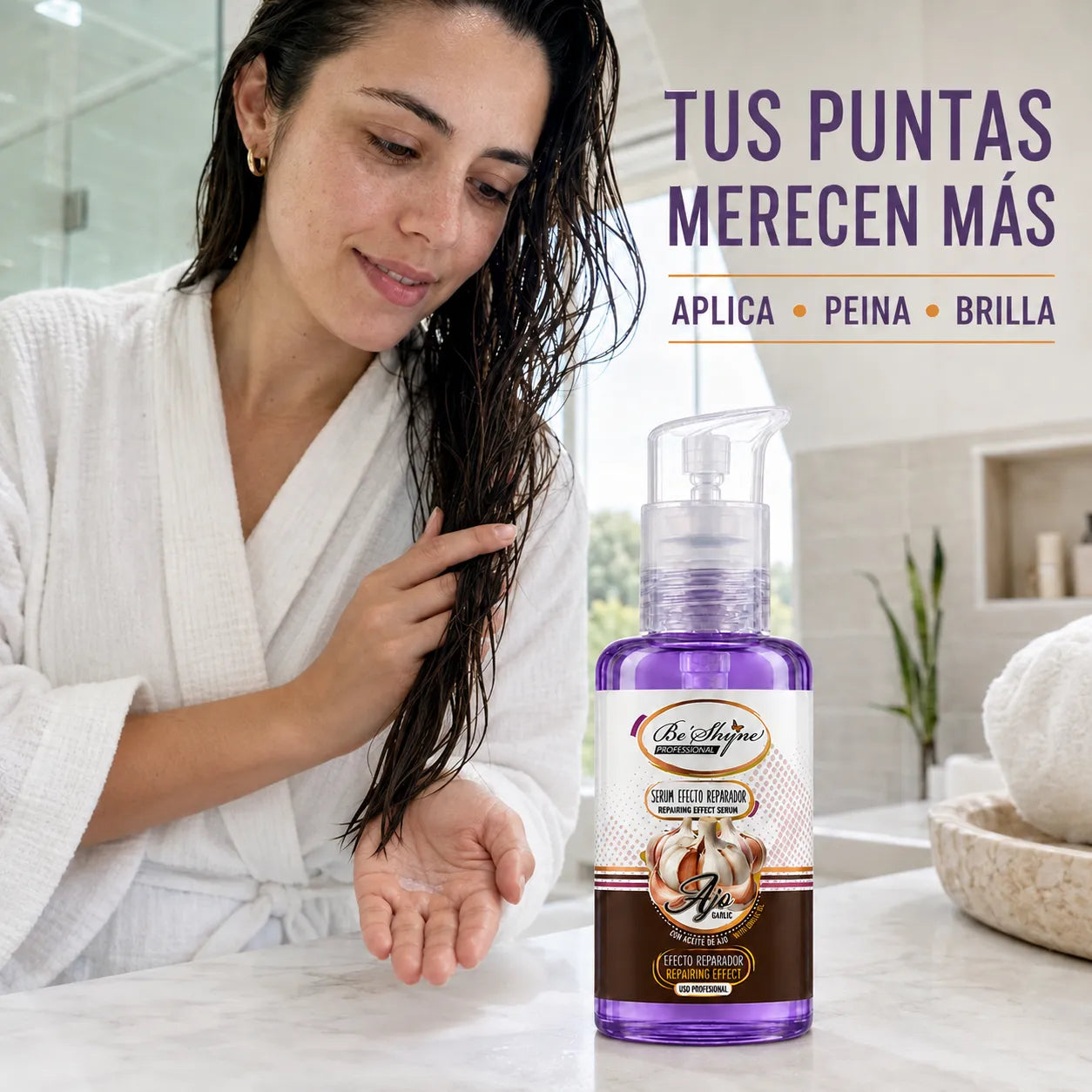 Be'Shyne – Sérum reparador para cabello frágil con aceite de ajo 100ml