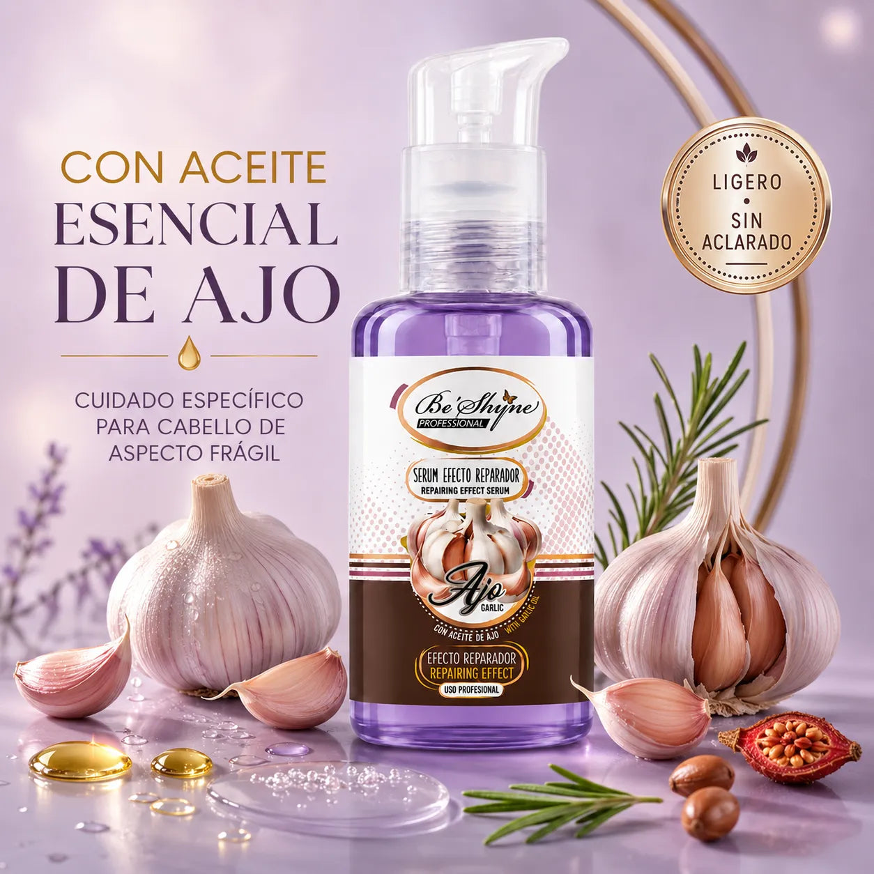 Be'Shyne – Sérum reparador para cabello frágil con aceite de ajo 100ml