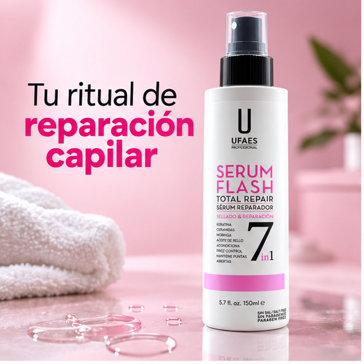 UFAES Serum Flash 7 en 1 – Sérum Capilar Reparador Total Sin Aclarado 150 ml
