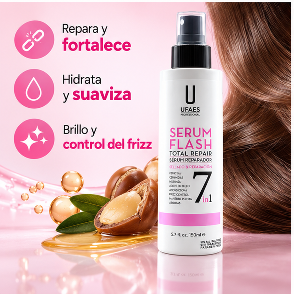 UFAES Serum Flash 7 en 1 – Sérum Capilar Reparador Total Sin Aclarado 150 ml